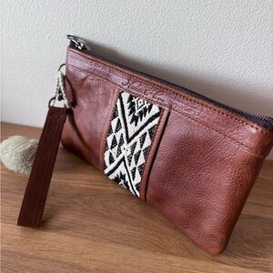 Nena and Co Cafe Brown Leather Clutch with Tribal Pattern Womanhood
